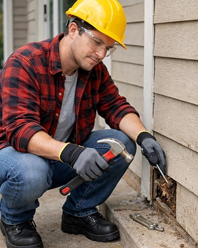 Man Repairing Outside of Home Guide fixing the side of a house