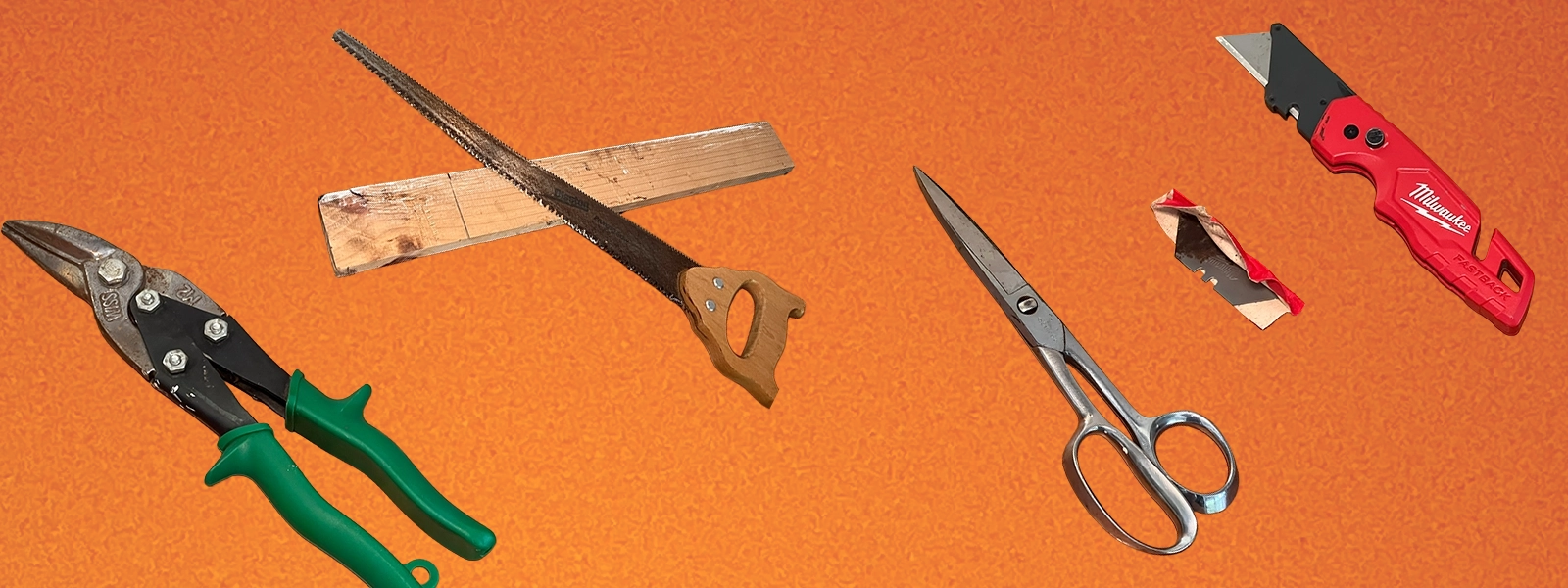 Four Beginner Cutting Tools, Utility Knife, Scissors, Cutting Saw, and Snips